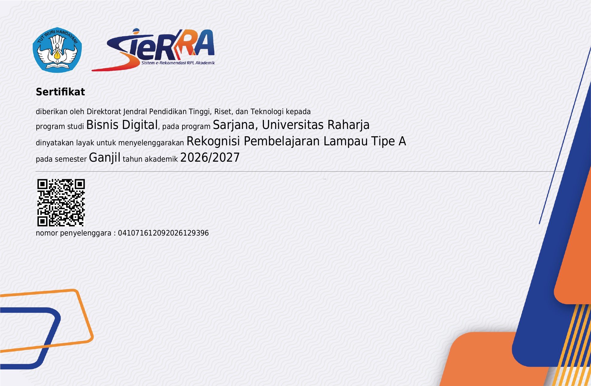 Sertifikat RPL Bisnis Digital Universitas Raharja